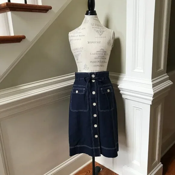 NWT JCrew Button Up Skirt Womens 8 T Tall Navy Blue Straight Stretch Linen NEW - Picture 6 of 15